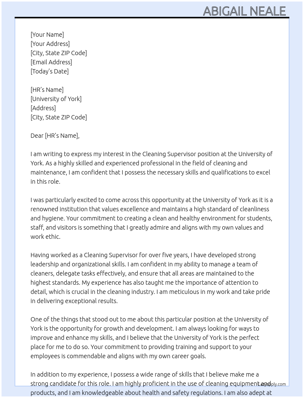 Cleaning Supervisor  At University of York  Cover Letter