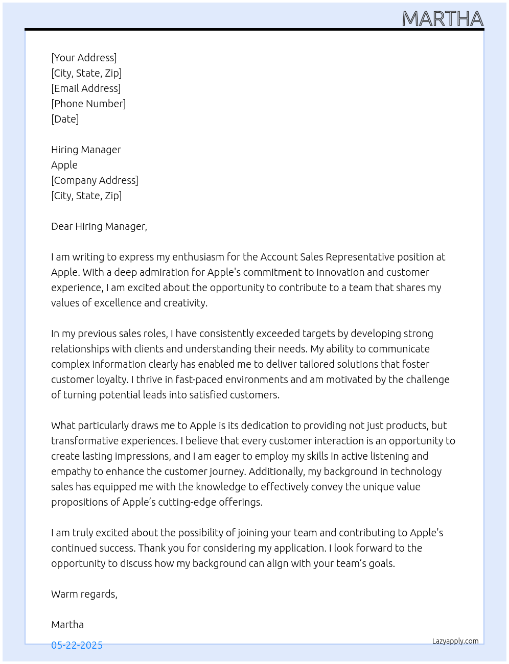 Account Sales Representative At Apple Cover Letter