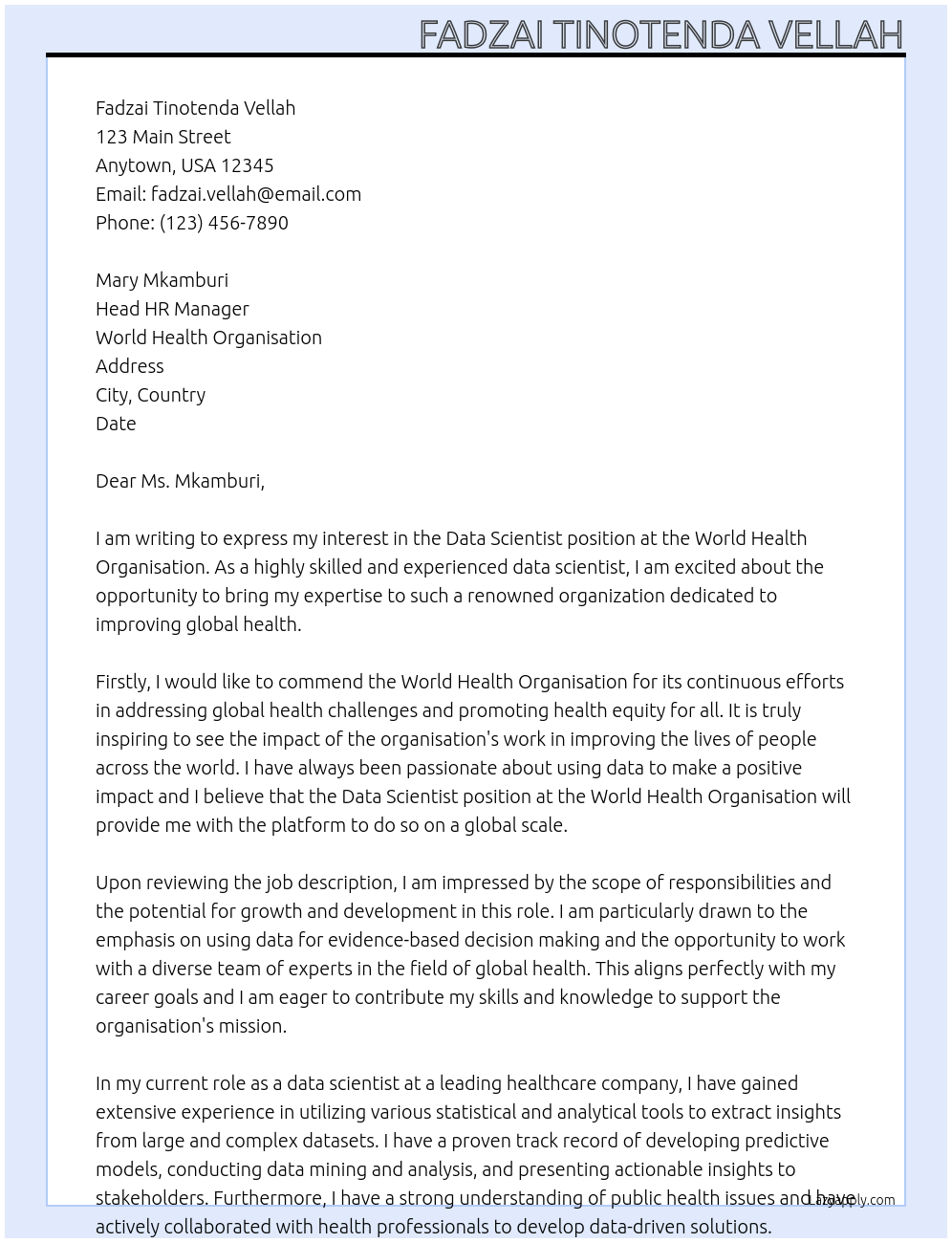 Data Scientist At World Health Organisation Cover Letter