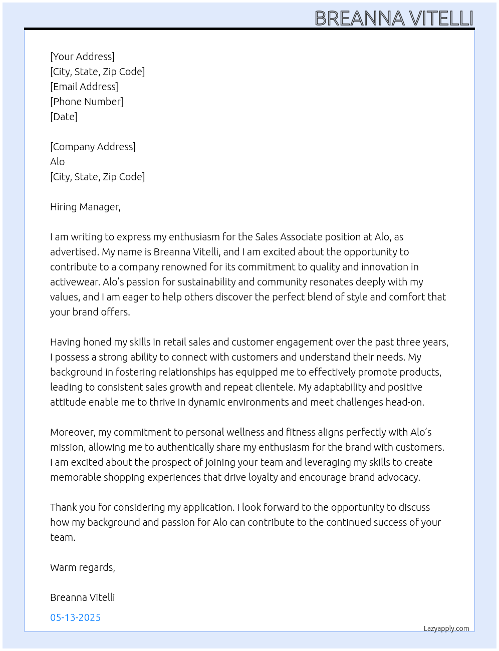 Sales Associate At alo Cover Letter