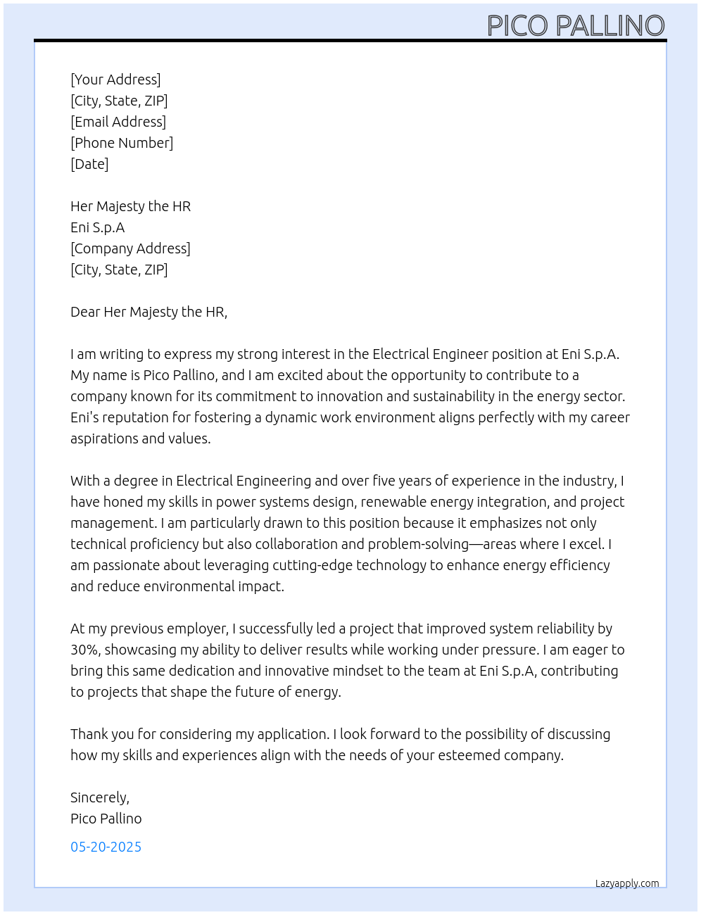 Electrical engineer At Eni spa Cover Letter