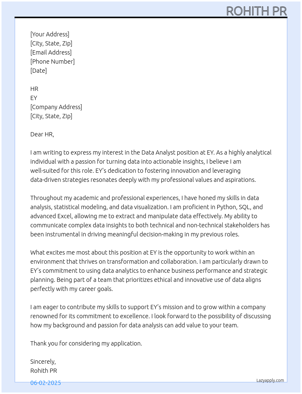 Data Analyst At EY Cover Letter