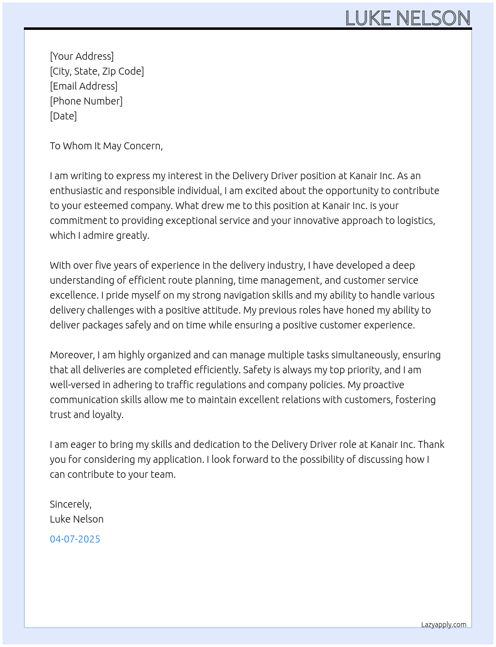 Delivery Driver At Kanair Inc Cover Letter