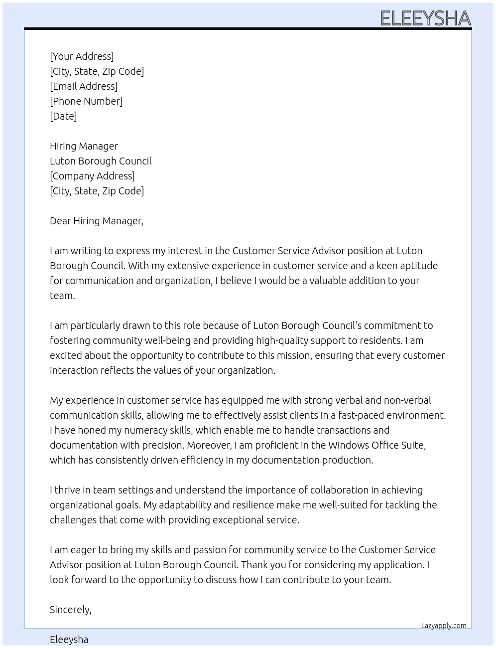 Customer Service Advisor At Luton Borough Council Cover Letter