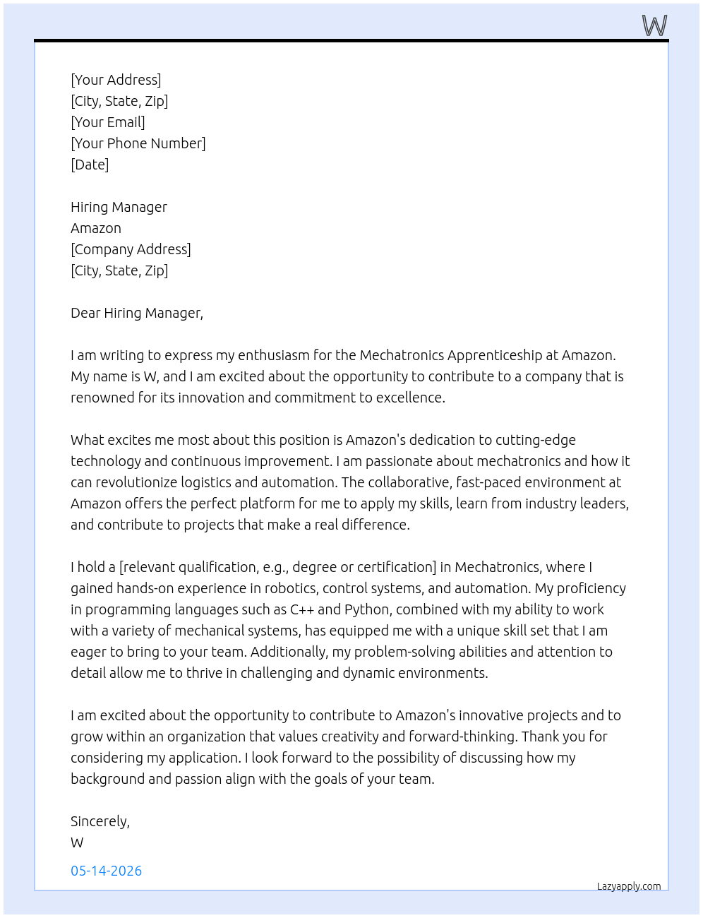 Mechatronics Apprenticeship At Amazon Cover Letter