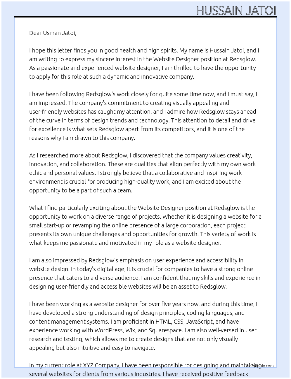 Website Designer At Redsglow Cover Letter