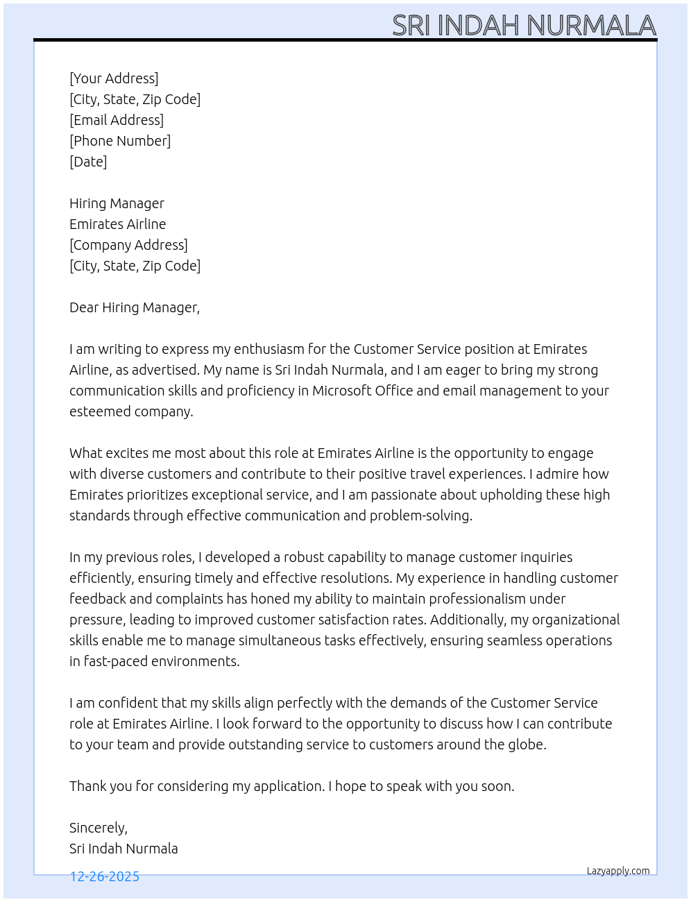 Customer Service At Emirates Airline Cover Letter