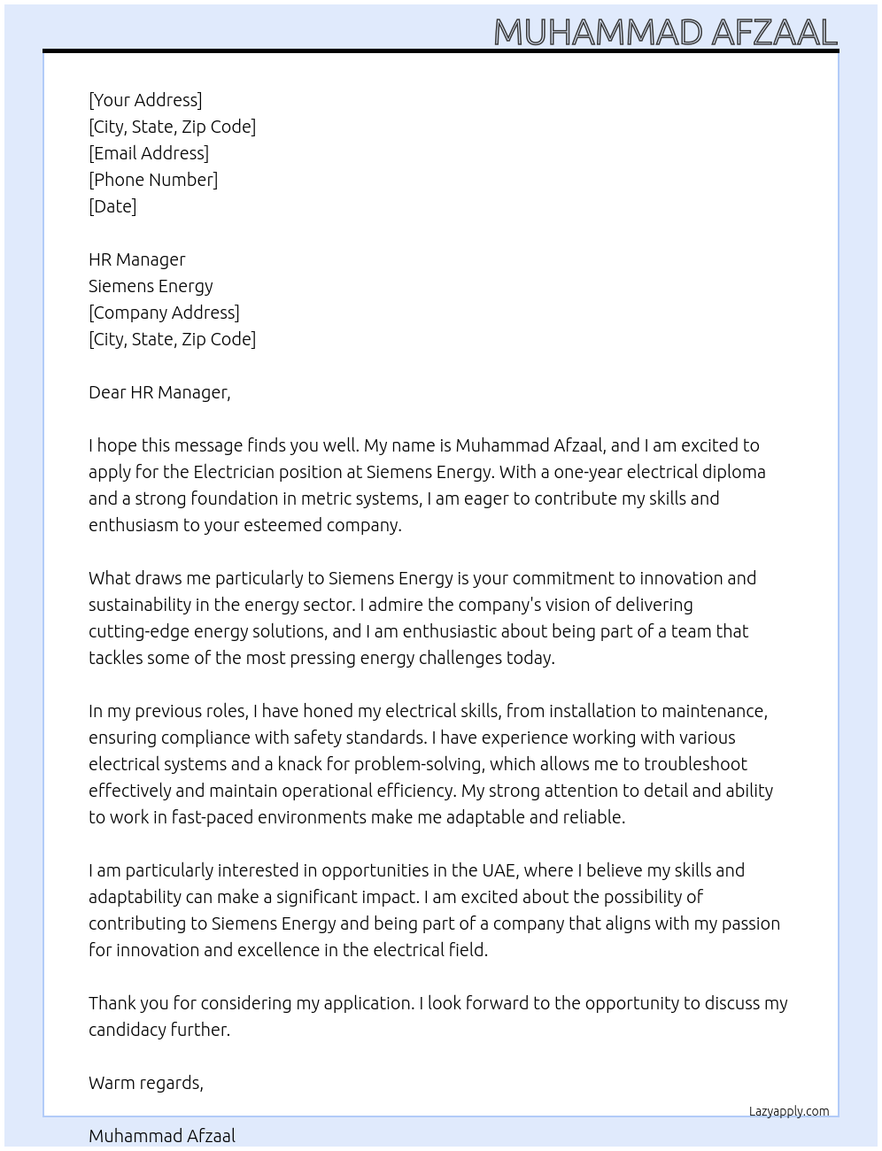 Cover letter for electrician - LazyApply