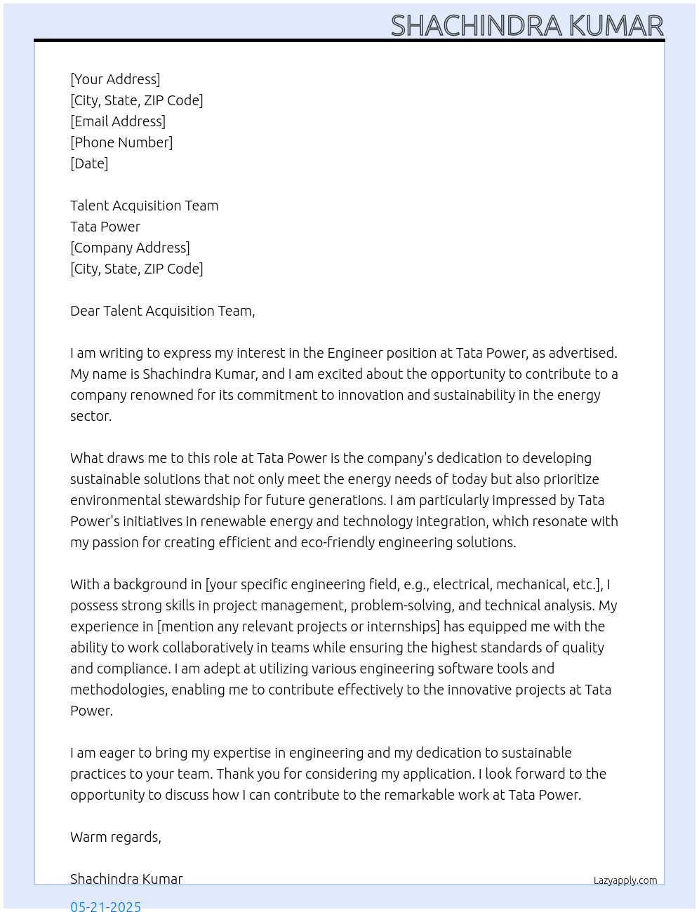 Engineer At Tata Power Cover Letter