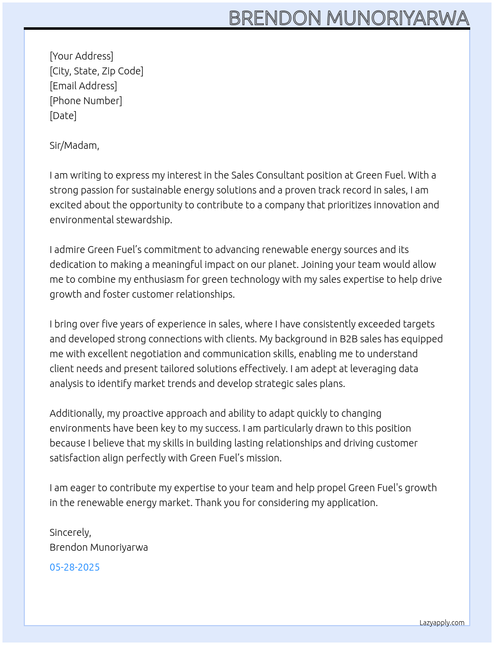 Sales Consultant At Green Fuel Cover Letter