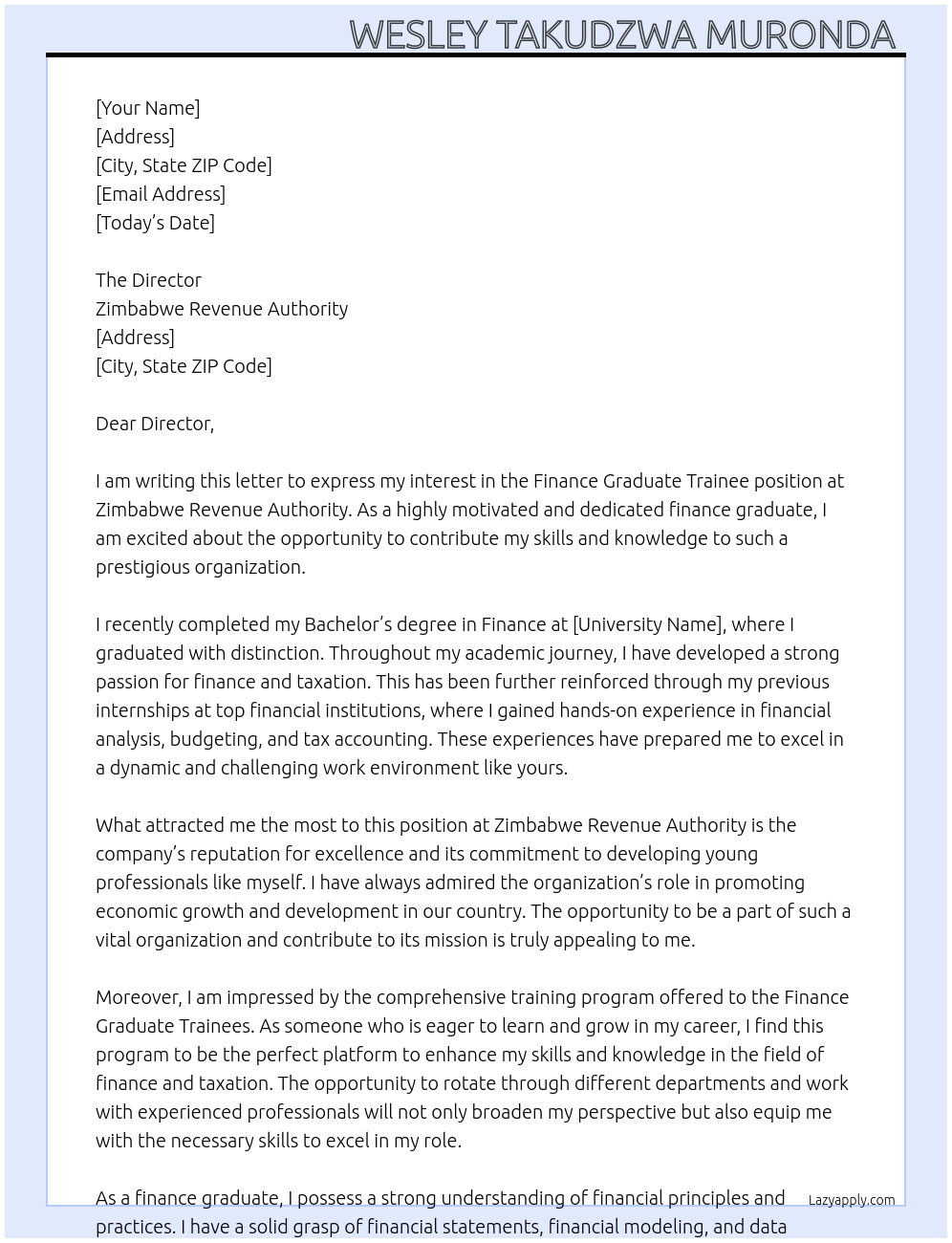 Finance Graduate Trainee At Zimbabwe Revenue Authority Cover Letter