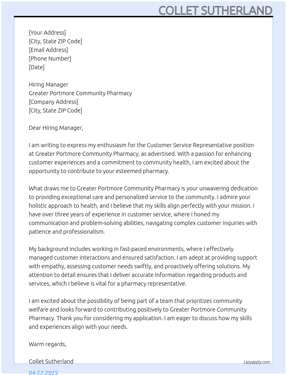 Customer Service Representative At Greater Portmore Community Pharmacy Cover Letter