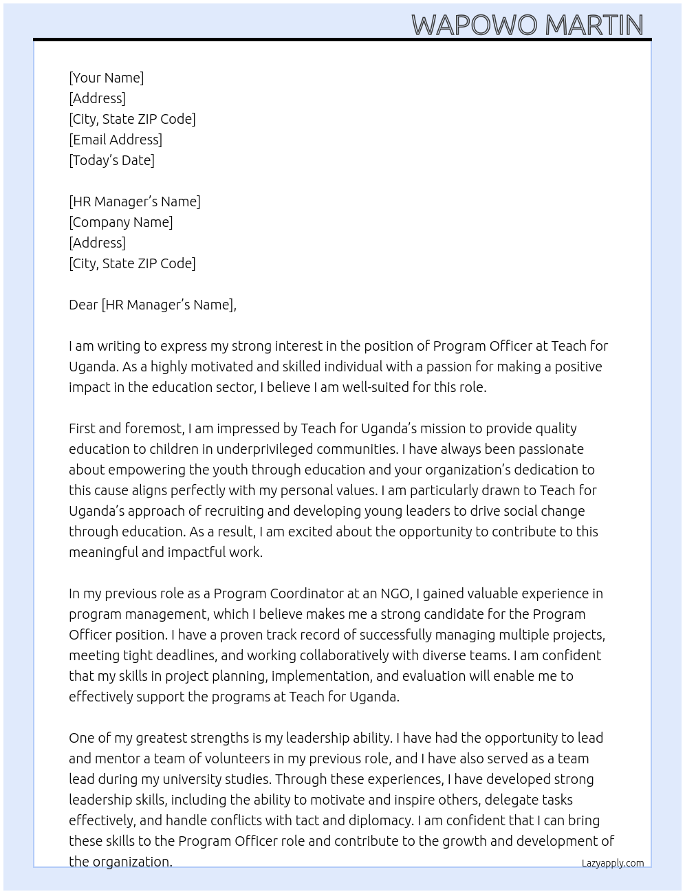 program officer At Teach for Uganda Cover Letter