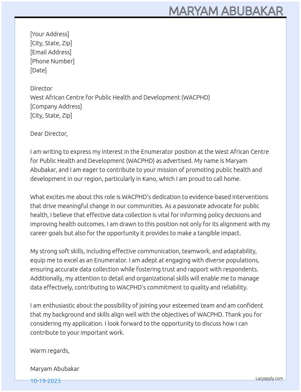 Enumerator At West African centre for public health and development (WACPHD) Cover Letter