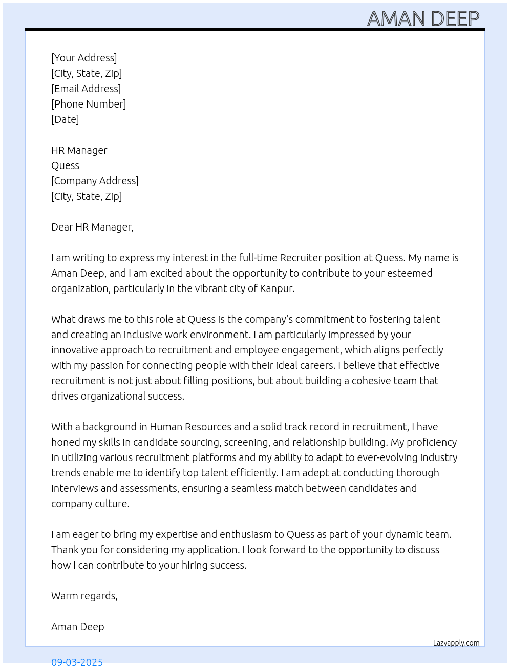 Cover letter for recruiter - LazyApply