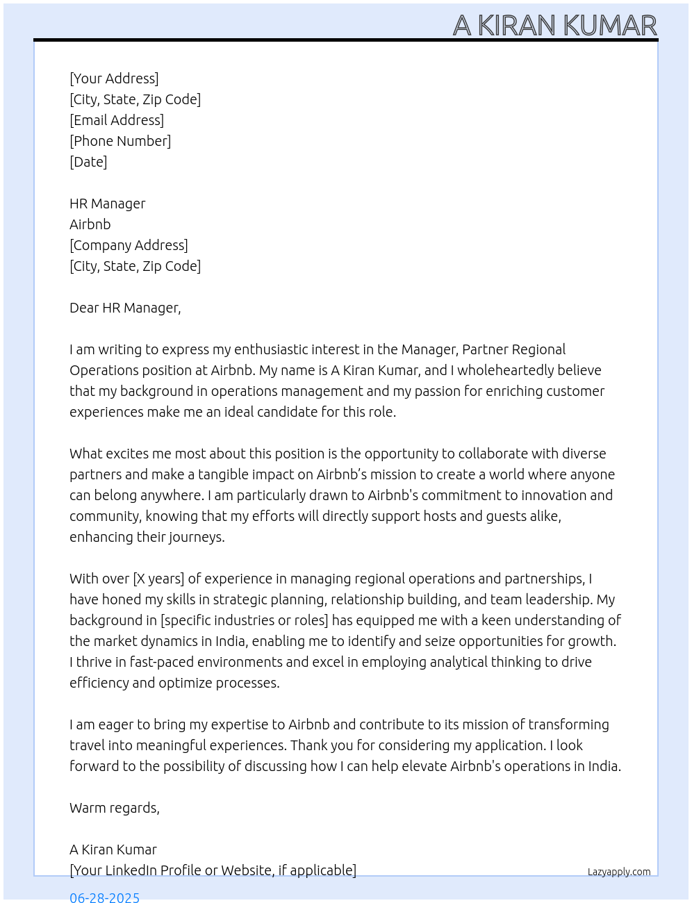 Manager, Partner Regional Operations At Airbnb Cover Letter