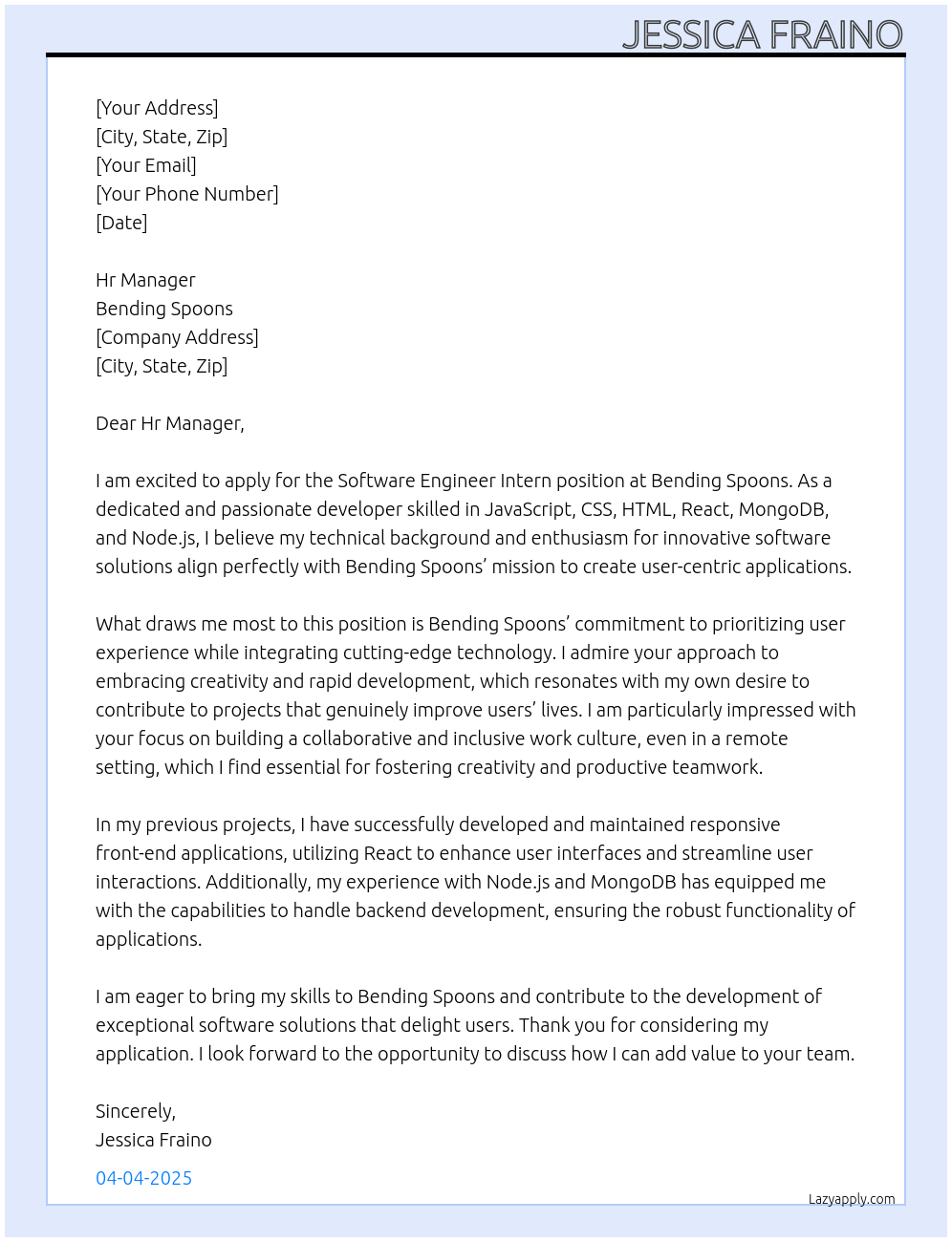 software engineer intern At Bending Spoons Cover Letter