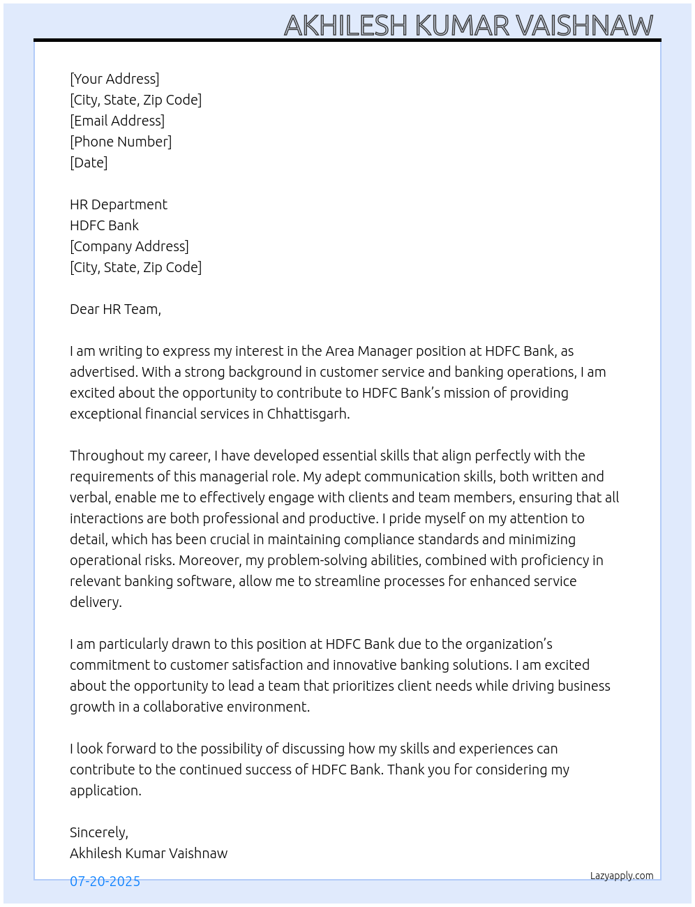 Area manager At HDFC BANK Cover Letter