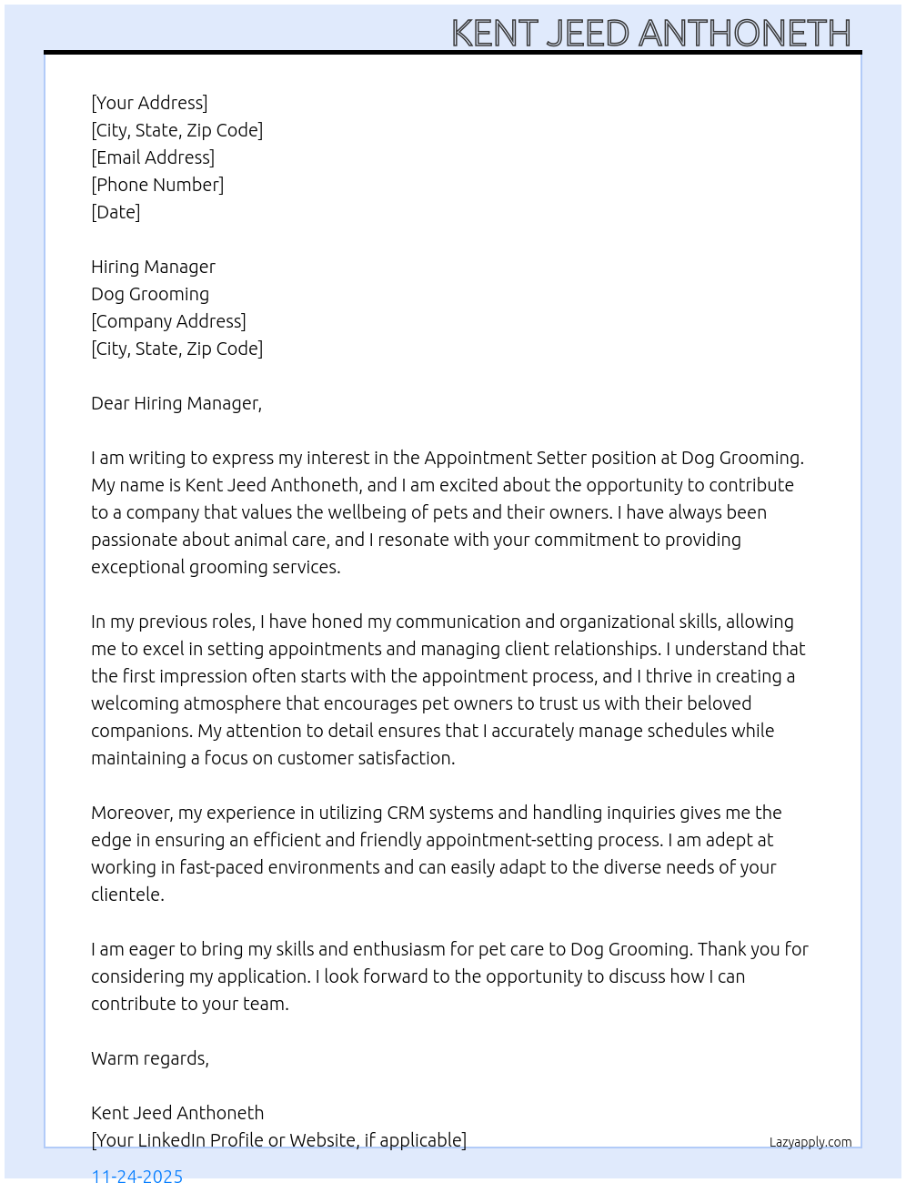 Cover letter for appointment setter - LazyApply