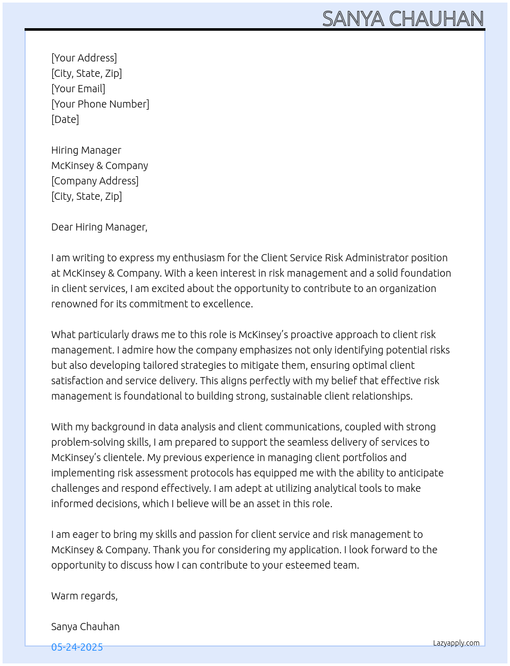 Client Service Risk Administrator At Mckinsey Cover Letter