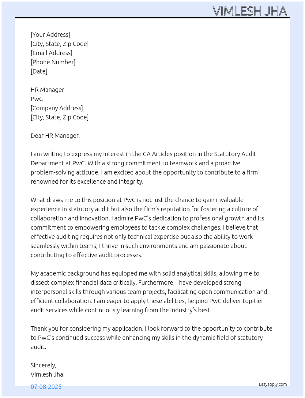 Ca article  At PwC Cover Letter