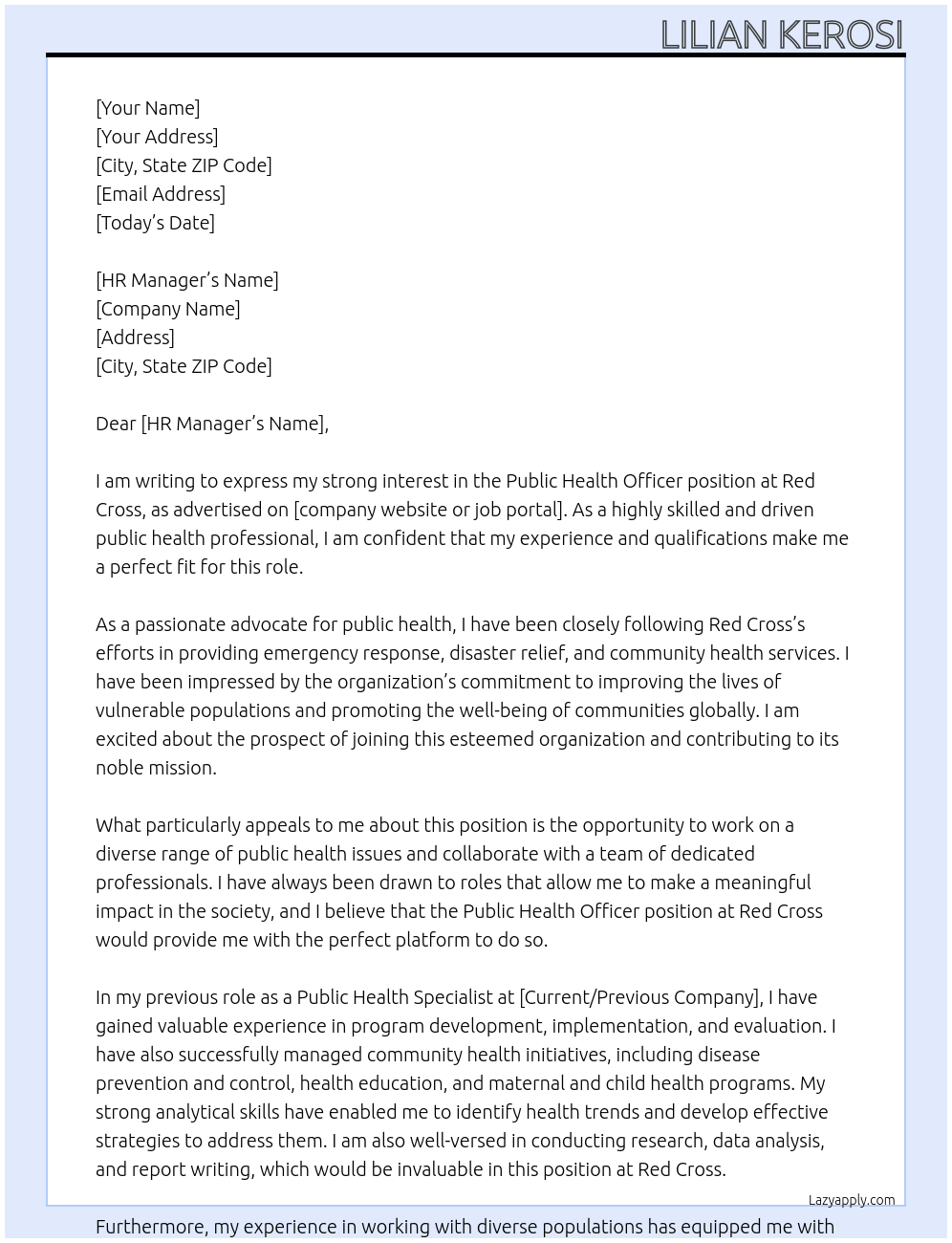 PUblic health officer At redcross Cover Letter