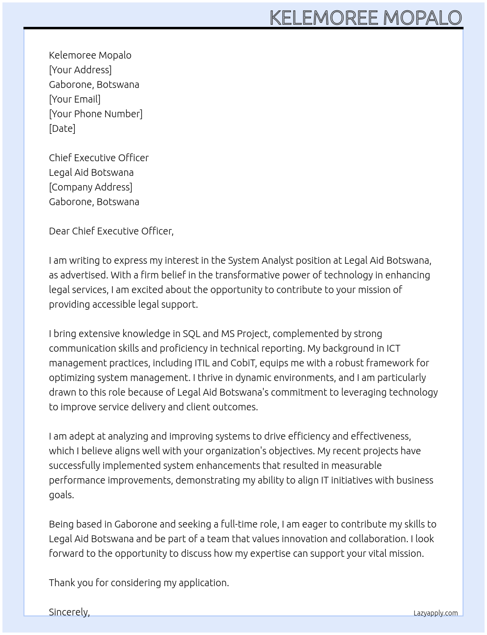 System Analyst At Legal Aid Botswana Cover Letter