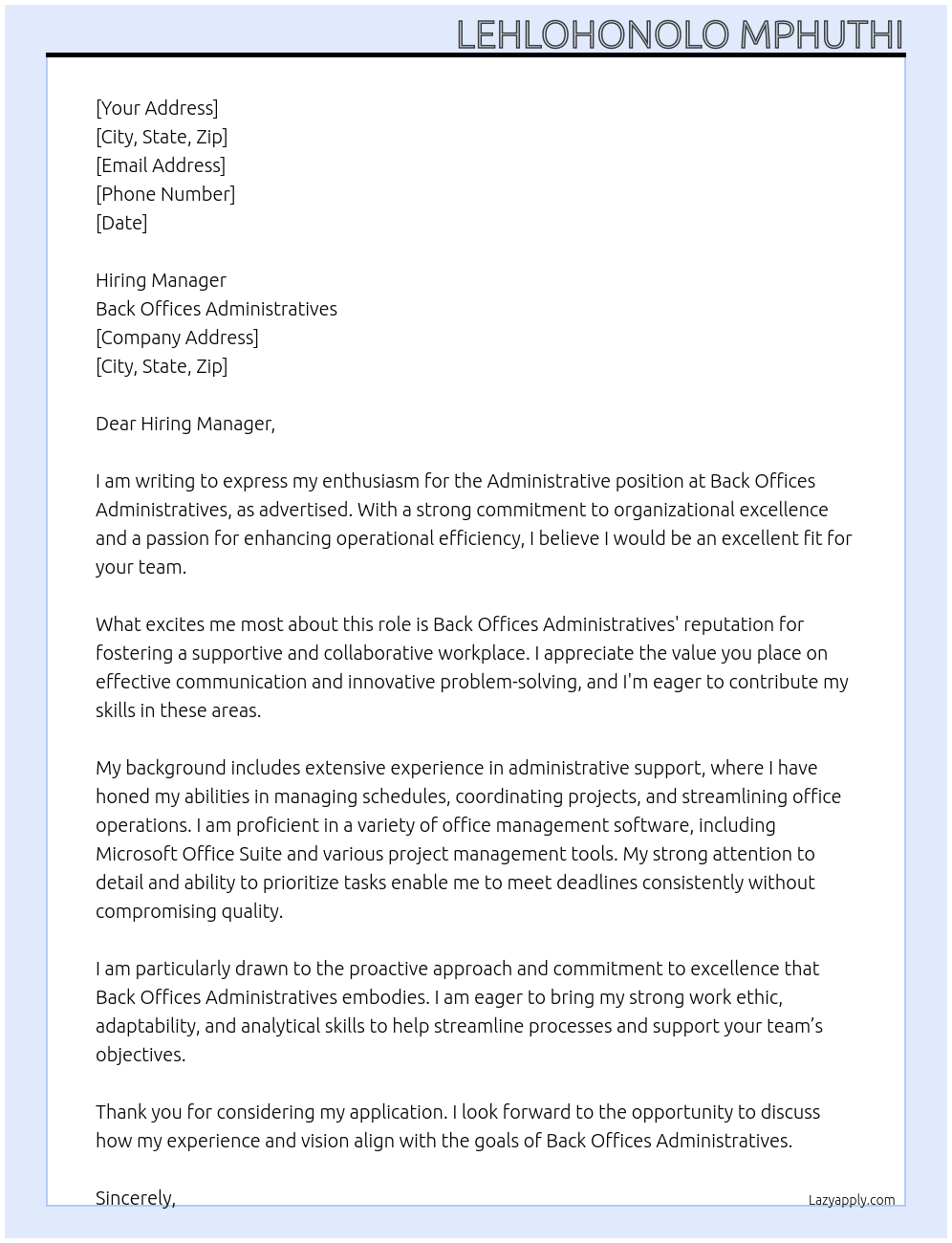 Administrative At Back offces administratives  Cover Letter