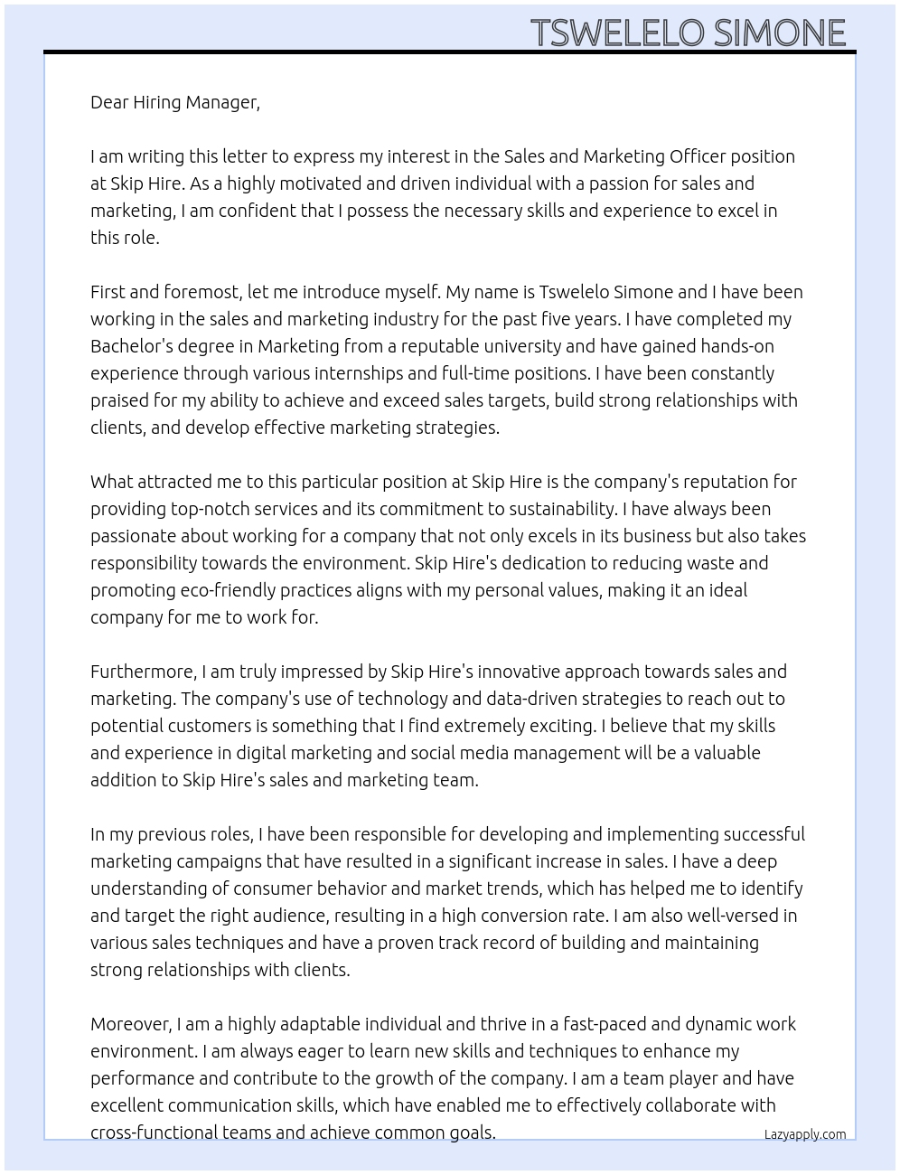 Sales and marketing officer At Skip Hire Cover Letter