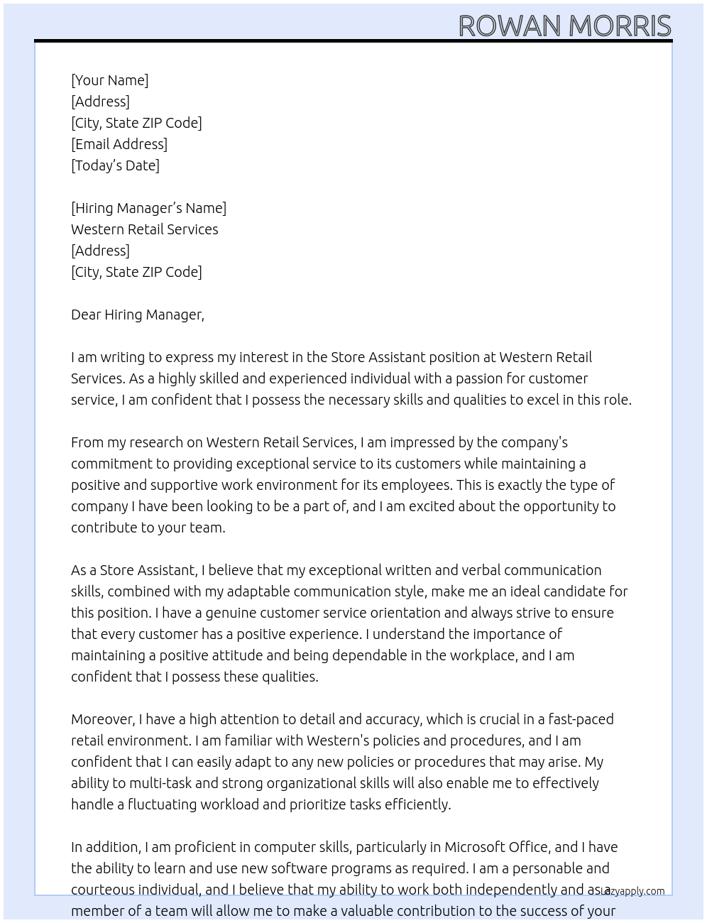 Store Assistant At Western Retail Services Cover Letter