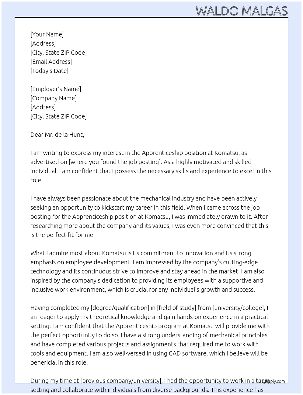 Apprenticeship At Komatsu Cover Letter