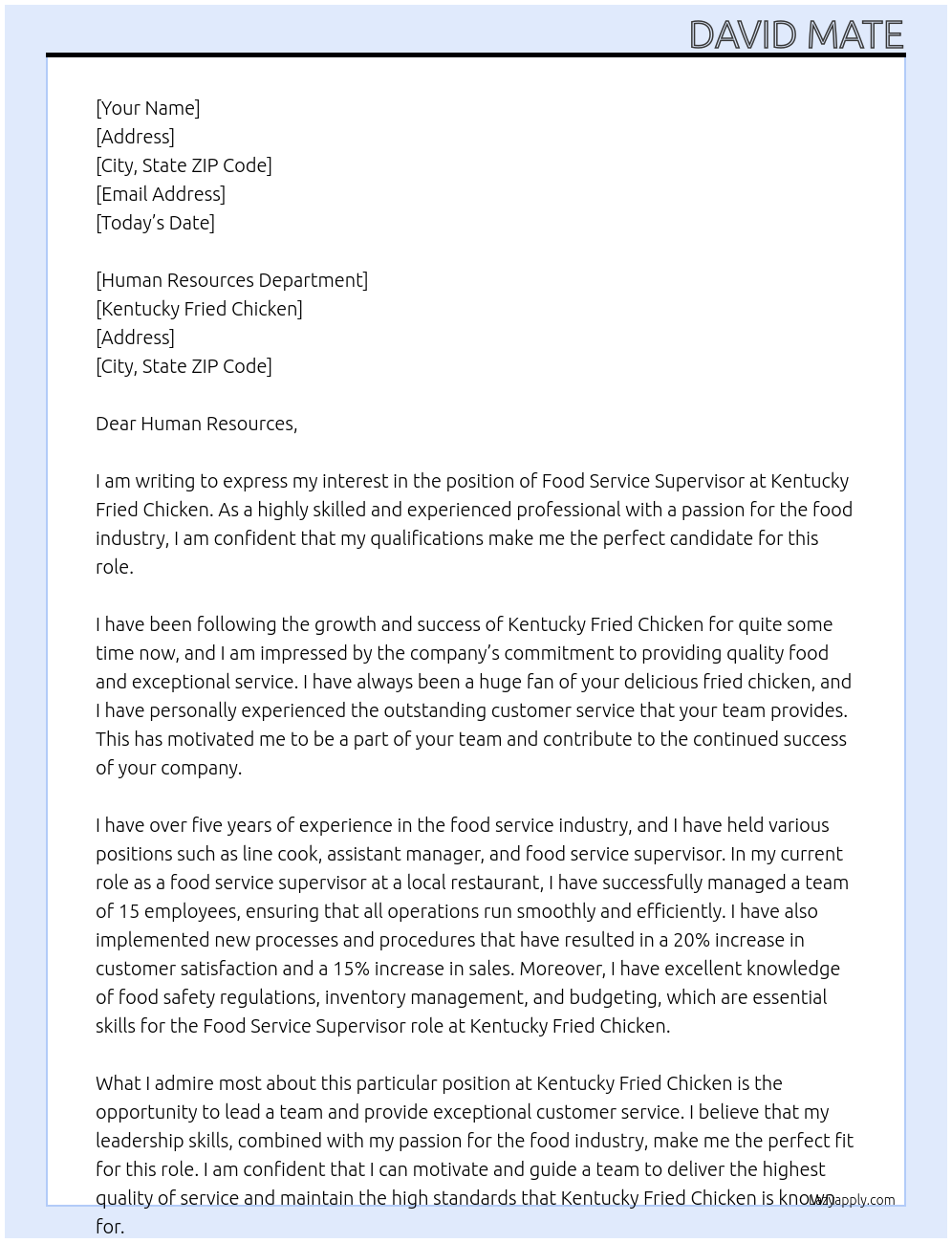 Food Service Supervisor At Kentucky Fried Chicken Cover Letter