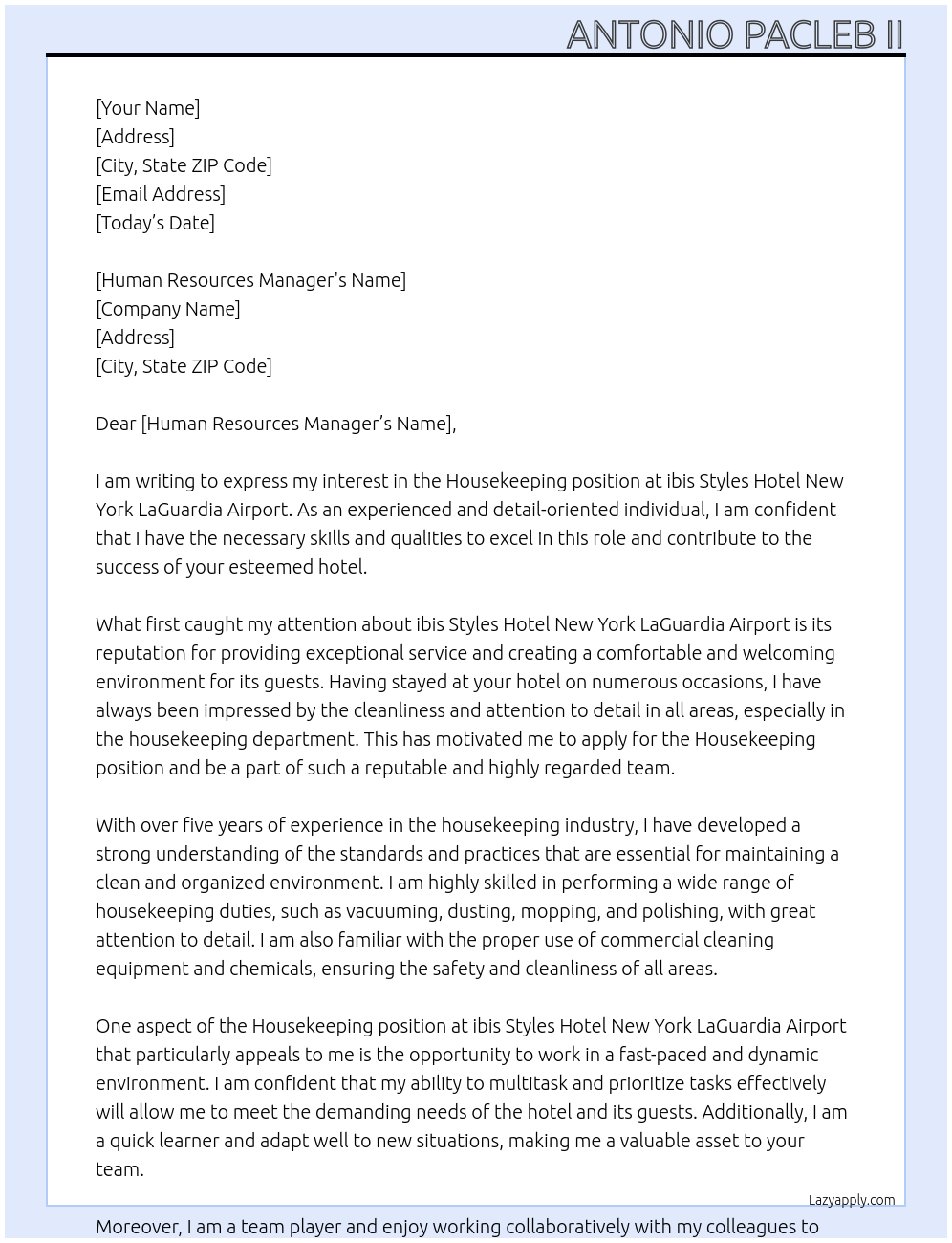 housekeeping At ibis Styles Hotel New York LaGuardia Airport Cover Letter