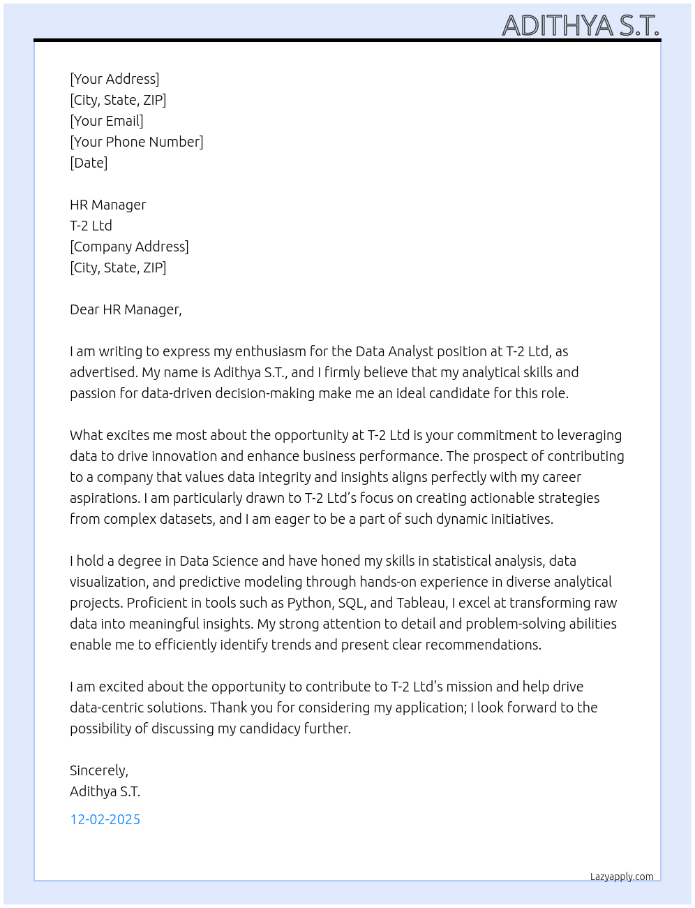 Data Analyst At T-2 Ltd Cover Letter