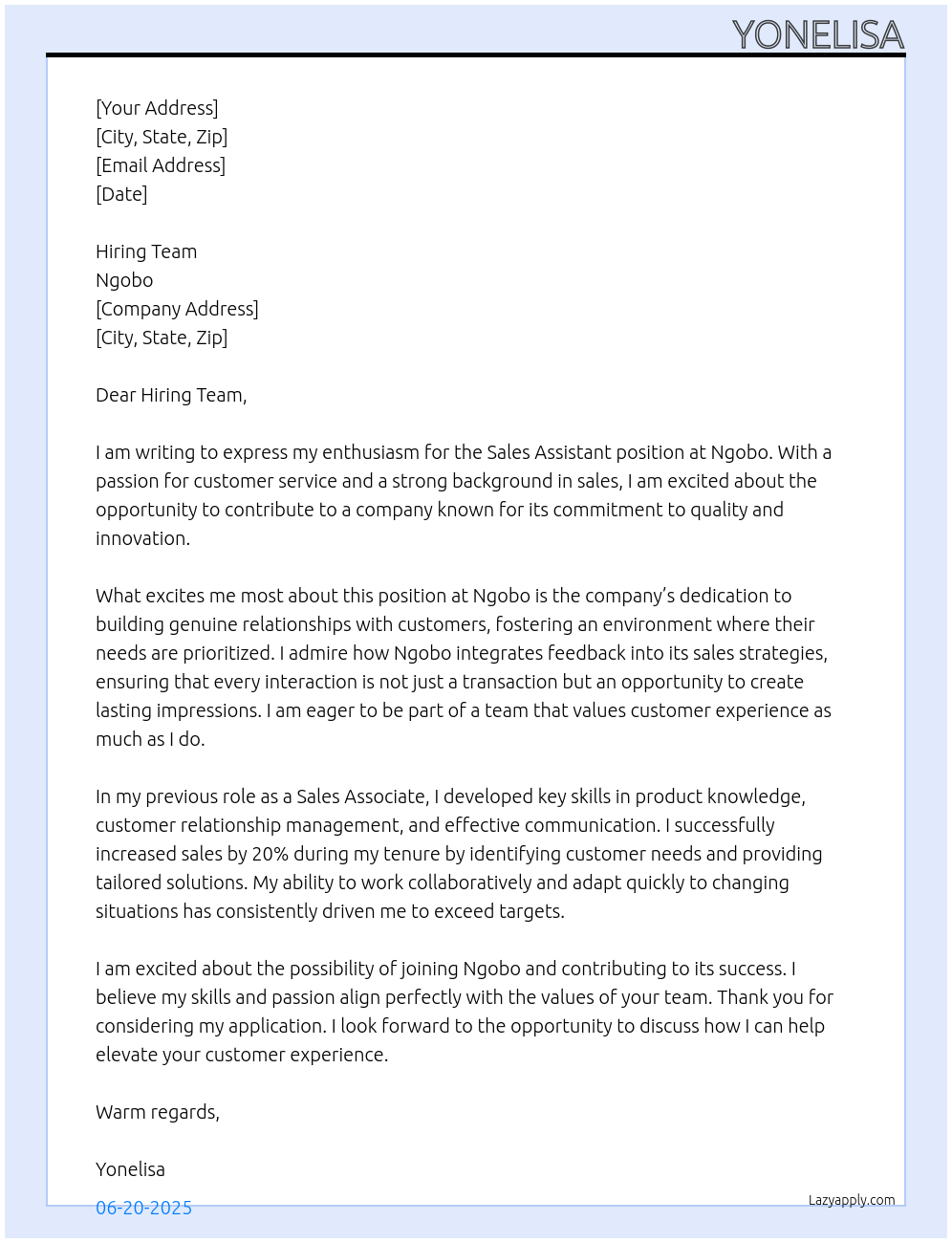 Sales assistant At Ngobo Cover Letter