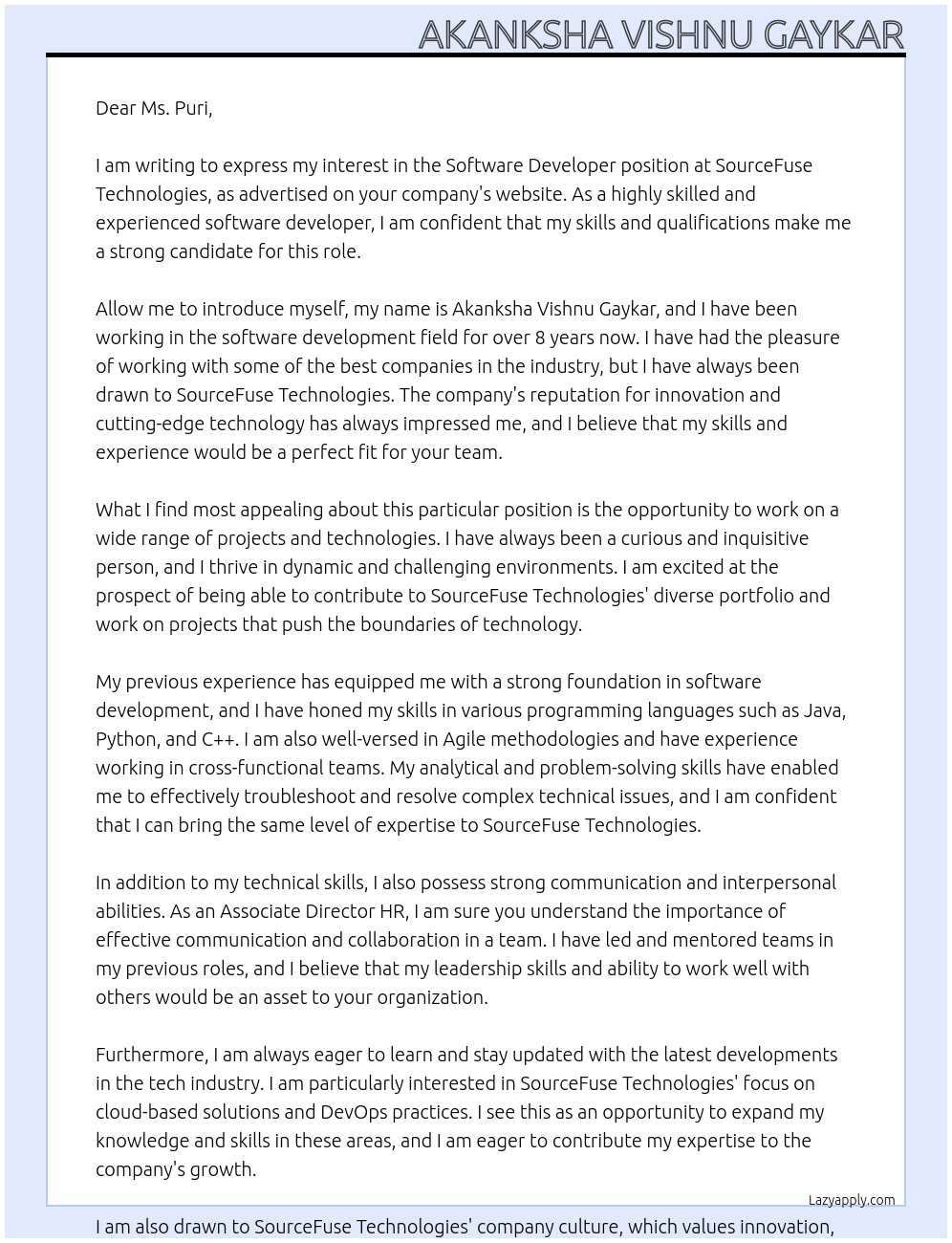 software devloper At SourceFuse Technologies Cover Letter