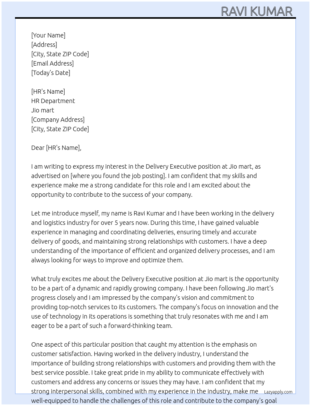 Delivery executive  At Jio mart Cover Letter