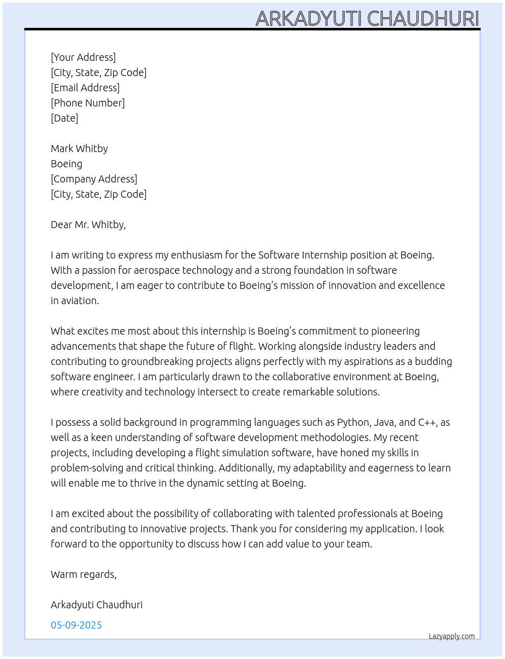 Software Internship At Boeing Cover Letter