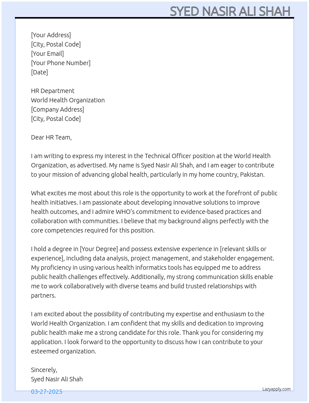 technical officer At World health organization Cover Letter