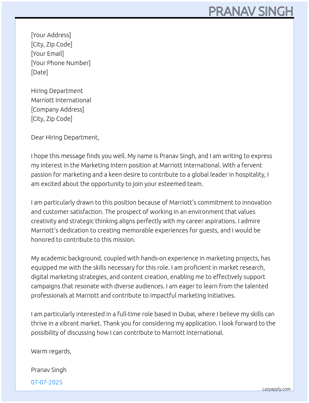 Marketing Intern At Marriott International Cover Letter