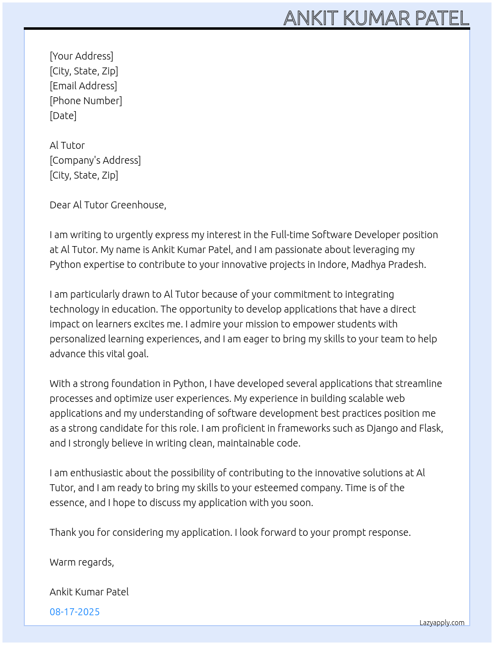 Software developer At Al tutor Cover Letter