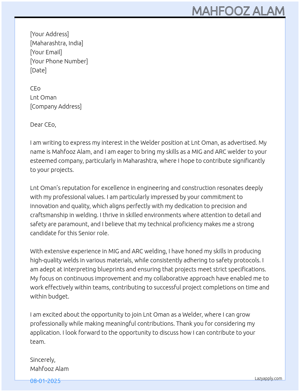 Welder At Lnt oman Cover Letter