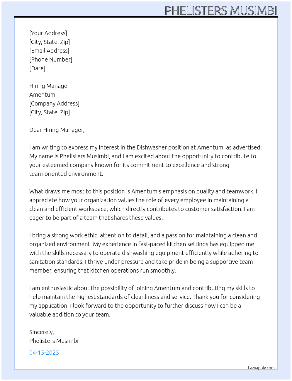 Dishwasher At Amentum Cover Letter