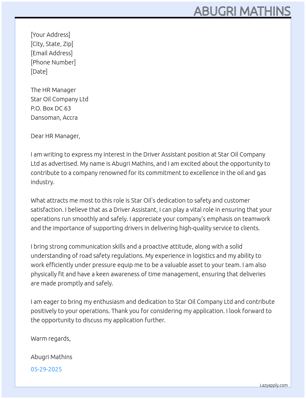 Cover letter for driver assistant - LazyApply