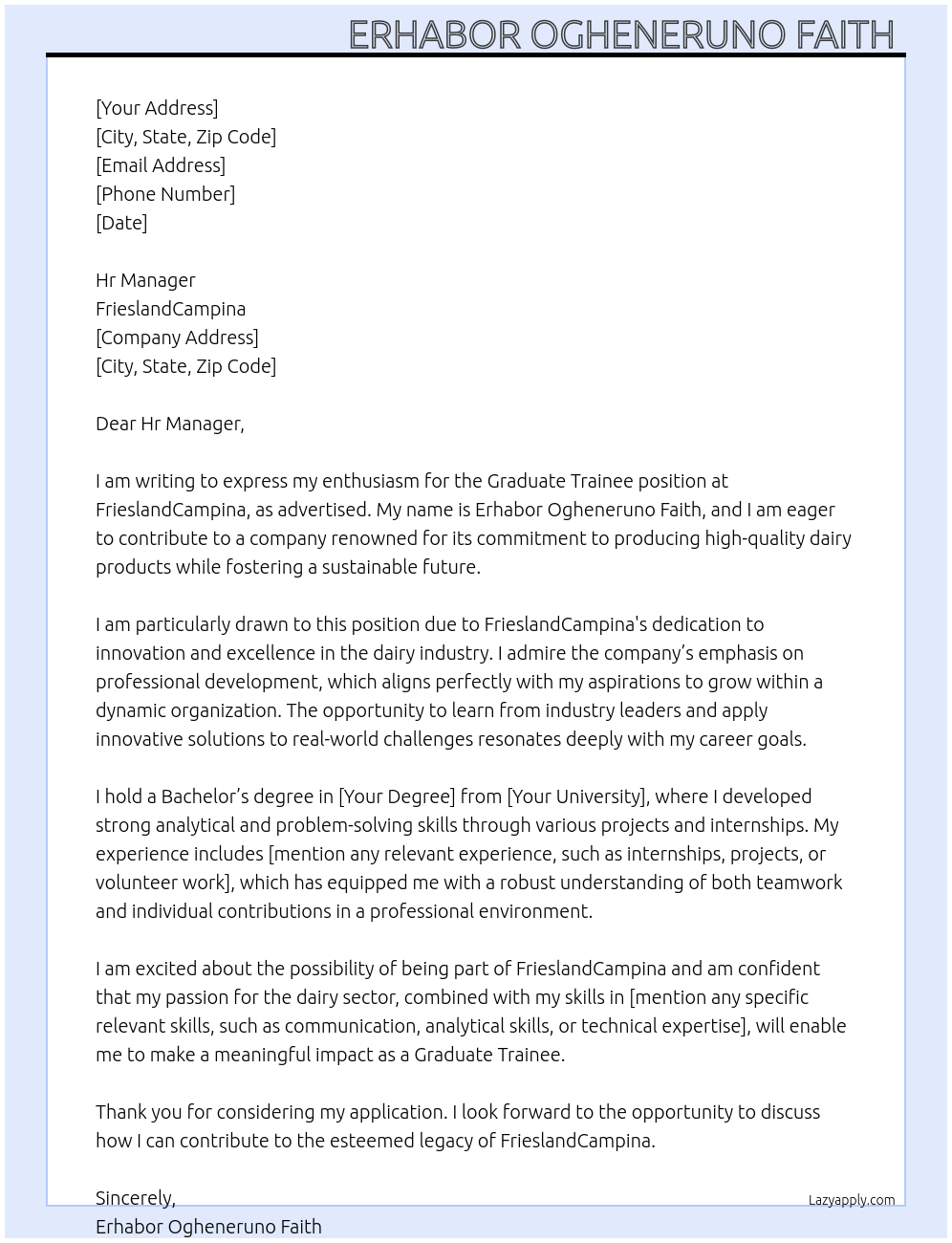 Graduate Trainee  At FrieslandCampina  Cover Letter