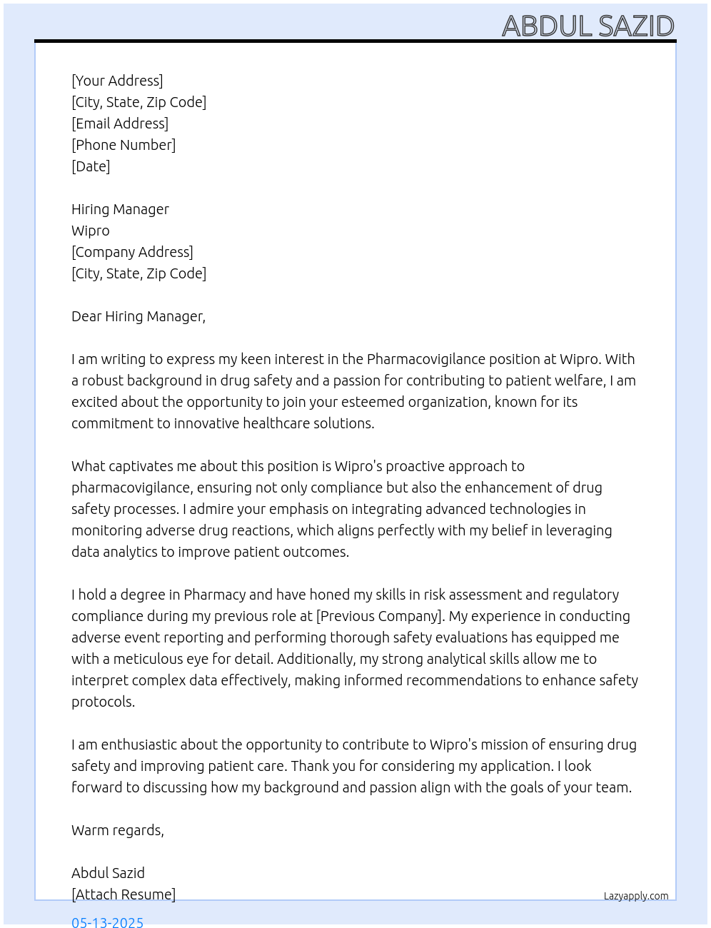 Cover letter for pharmacovigilance - LazyApply