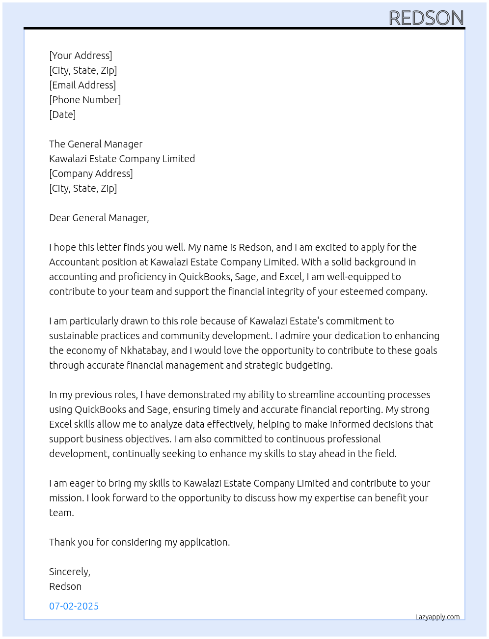 Accountant At Kawalazi Estate Company Limited Cover Letter