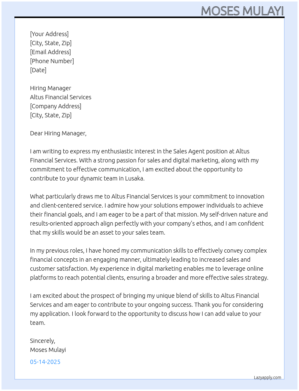 Sales Agent At Altus Financial Services Cover Letter