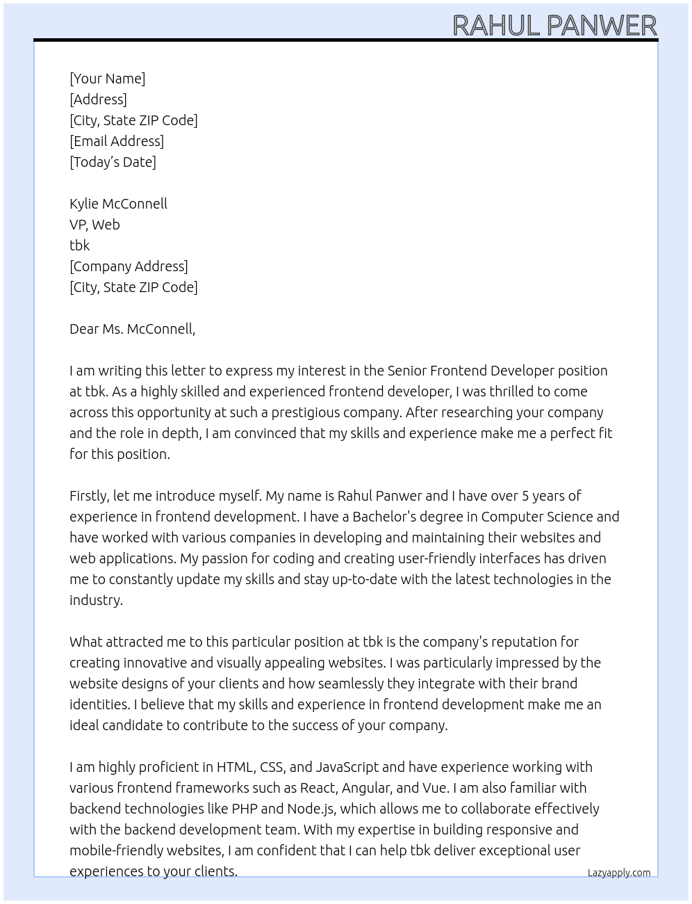 Cover letter for senior frontend developer - LazyApply