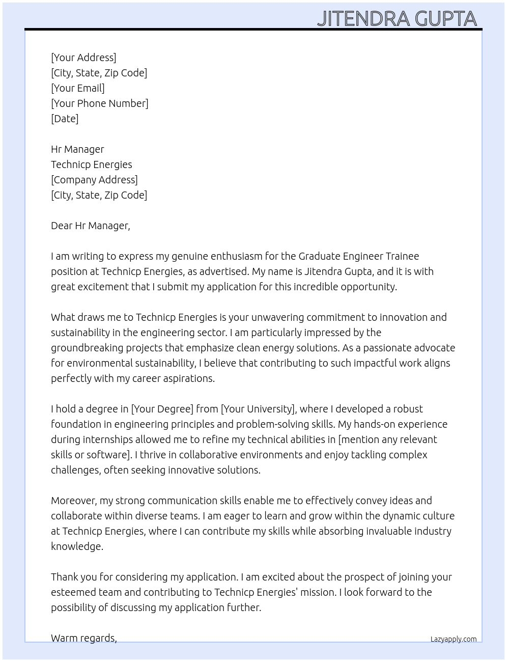 graduate engineer Trainee At Technicp Energies Cover Letter